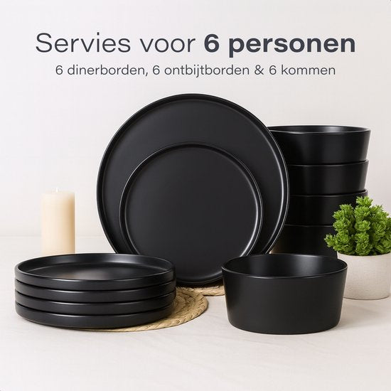 Luft Service de table 6 personnes - Service d'assiettes - Bols - Assiettes plates - Moderne - Faïence massive, céramique - Noir mat - 18 pièces