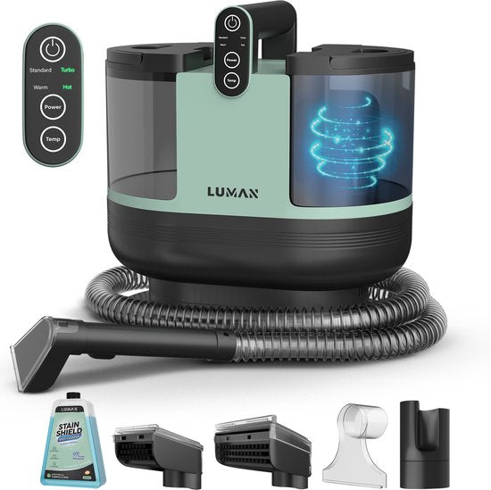 LUMAN Nettoyeur de tapis 4 en 1 - Fonction chauffante et autonettoyante - Nettoyeur de taches - Nettoyeur de sièges - Nettoyeur pour canapé, sol, voiture et tapis - 4 brosses - Produit nettoyant inclus - Cordon de 7 mètres