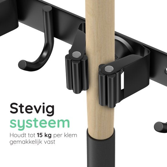 Porte balai Volcan - Système de suspension pour balai Outils de jardin - Porte-outils - Ruban adhésif 3M - 7 porte-balais 8 crochets - Acier inoxydable noir