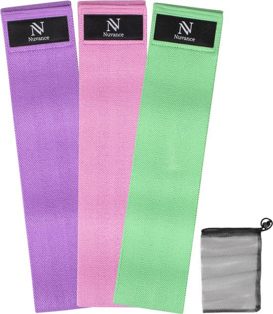 Nuvance - Resistance Bands Set Including Carrying Bag - 3 Piece Set - Resistance Band - Fitness Elastic - eBook with additional exercises - Green Pink and Purple