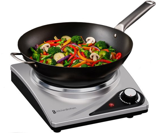 KitchenBrothers Table de cuisson électrique - 1 brûleur - pose libre - 7 niveaux de température - 1500W - inox/noir