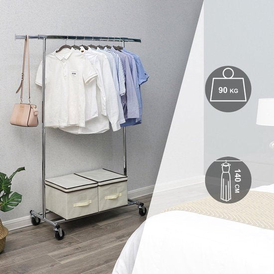 O'DADDY® Porte-manteau à roulettes - Porte-armoire - Porte-manteau ajustable - Porte-manteau extensible 92-132 cm - 90 kg chargeable - Métal - Argent