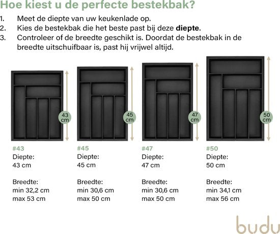 Budu Plateau à couverts extensible en bambou #50 (50 cm de profondeur) - Noir - Cassette à couverts en bois - Tiroir à couverts - 50 x 34.1 - 56 cm - 6/8 compartiments