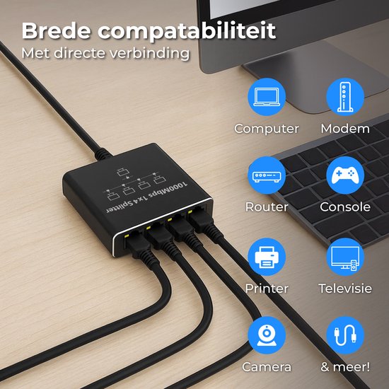 Nuvance Internet Splitter - 4 Ports - Commutateur réseau - jusqu'à 1000Mbps - Répartiteur réseau - RJ45 Cat5 Cat6 LAN UTP Ethernet