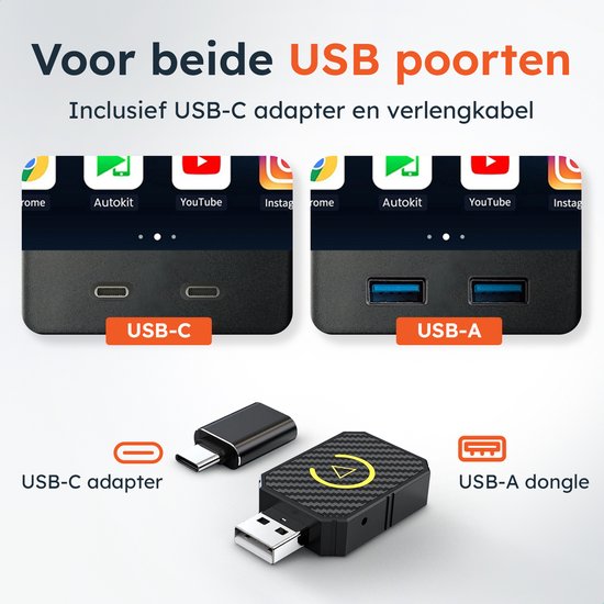 Dongle sans fil CarPlay & android - PRO mini - Apple - Android - Voiture - Bluetooth - Sans fil - Récepteur sans fil - AirPlay - Compact - incl USB-C - Skoov