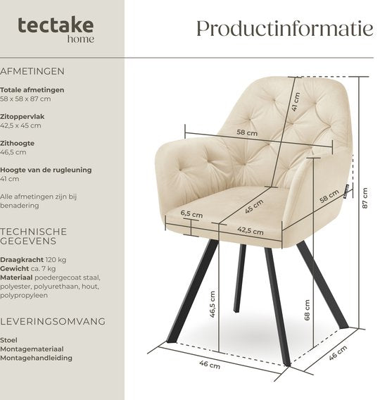 tectake® - Chaise pivotante aspect velours - Chaise de salle à manger avec accoudoirs - Assise et dossier ergonomiques - Pivotant à 180 degrés - Chaise moderne avec pieds en acier - Diverses couleurs - Crème