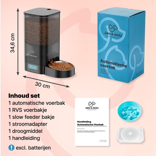 Jake and Jacky Automatic Feeder Cat and Dog - 5 Litres - Incl. Stainless Steel Feeder & Slowfeeder - Feeding Dispenser & Anti-Snatching Bowl - Feeder for Cats & Dogs - Black