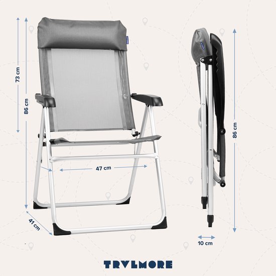 TRVLMORE Chaise de camping - 5 positions - Chaise de camping pliante - Capacité de charge 110 kg - Chaise de pêche - Chaise pliante - Gris
