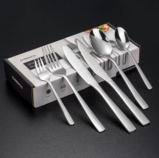 Deleca 8 Person Cutlery Set Essential (48 pieces) - Spoons, Knives, Forks, Steak Knives & Pastry Forks - Dishher Safe Cutlery - Shiny Silver / Stainless Steel