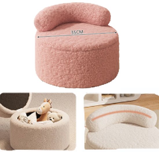 Ceruzo Pouf enfant - Chaise de rangement rose - Boucle Teddy - Dossier souple - Ø 35 -H28 cm