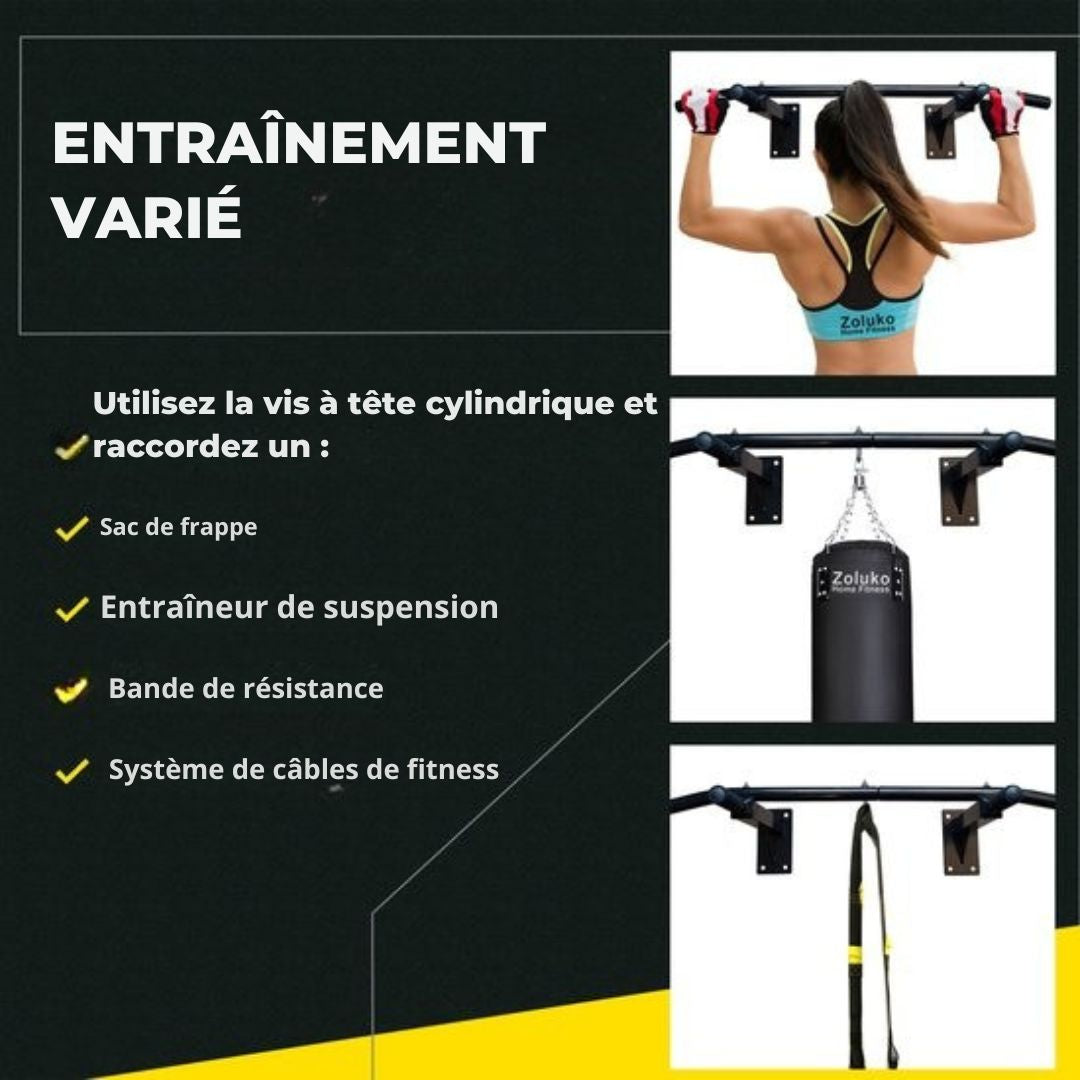 Barre de traction murale Zoluko Professional - Capacité de charge de 150 kg - E-book inclus - Montage facile - pour le sport à domicile - Noir