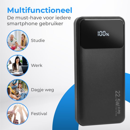 Nuvance - Powerbank 20000 mAh - Fonction de charge rapide 22,5W - USB, USB-C & Micro USB - Universel pour Smartphones, Tablettes & Gadgets - Travel Powerbanks - Noir