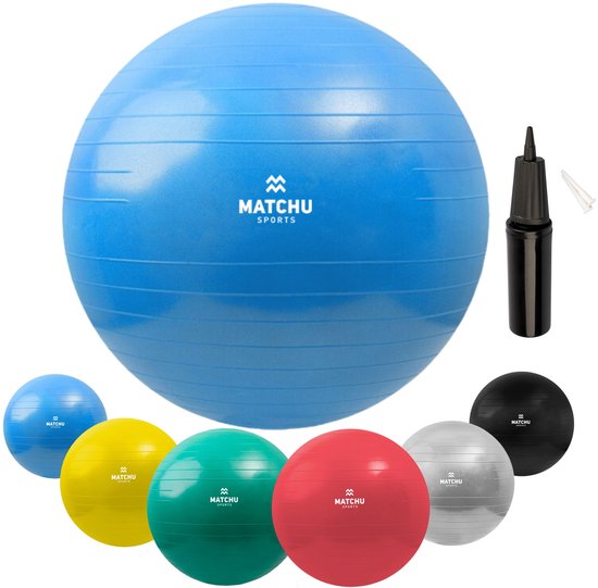 Matchu Sports - Ballon de fitness - Ballon de Pilates - Anti Burst - Ballon de grossesse - Ballon de gym - Ballon pour s'asseoir - Pompe incluse - Ø 75cm - Bleu - 300 KG chargeable