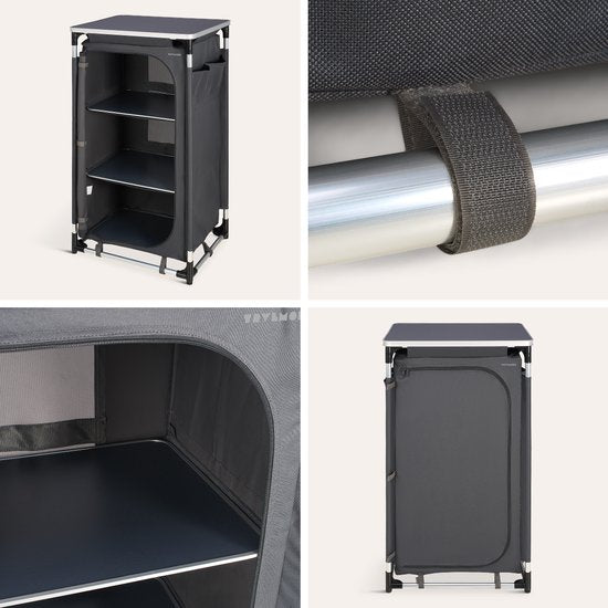TRVLMORE Camping Cabinet XL - Cuisine de camping - Capacité de charge 90KG - Structure en aluminium - Pliable - Sac de transport inclus - 50x60x97CM - Gris
