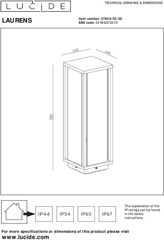 Lucide LAURENS - Lampe sur pied - 1xE27 - IP54 - Noir