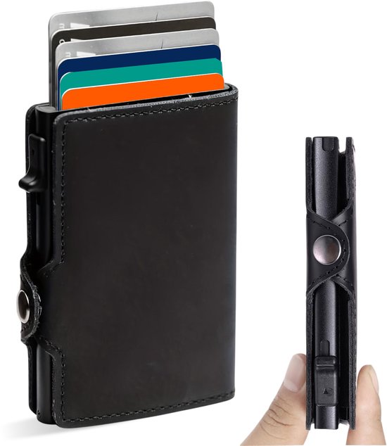 LUFT Porte-cartes pour 10 cartes Cuir - Sécurisé - Extensible - Protection RFID - Carte - Portefeuille - Aluminium - Homme - Pour hommes et femmes - Porte-cartes - Noir