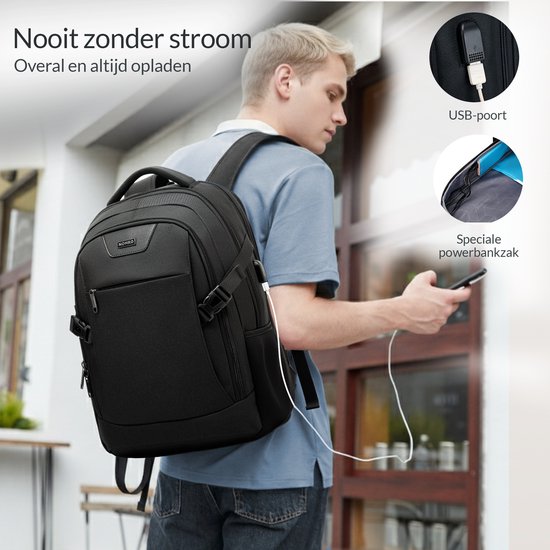 NOHRD Laptop Backpack - Black - Anti Theft - Laptop Bag 15.6 inch - USB Charging Station - Backpack Ladies & Men - Water Repellent - Schoolbag Girl & Boys - Bookbag with Laptop compartment