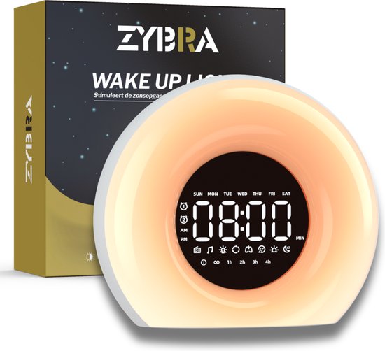 Zybra® Premium Wake Up Light - Réveil numérique - Alarme lumineuse - Veilleuse - Réveil - 20 niveaux de luminosité - 25 sons de bruit blanc - Manuel néerlandais inclus