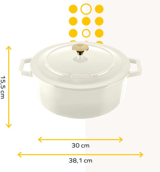 MOA Casserole en fonte - 7,2L - Pour toutes les sources de chaleur y compris l'induction - Avec couvercle - Ø 30cm - Revêtement antiadhésif - Blanc