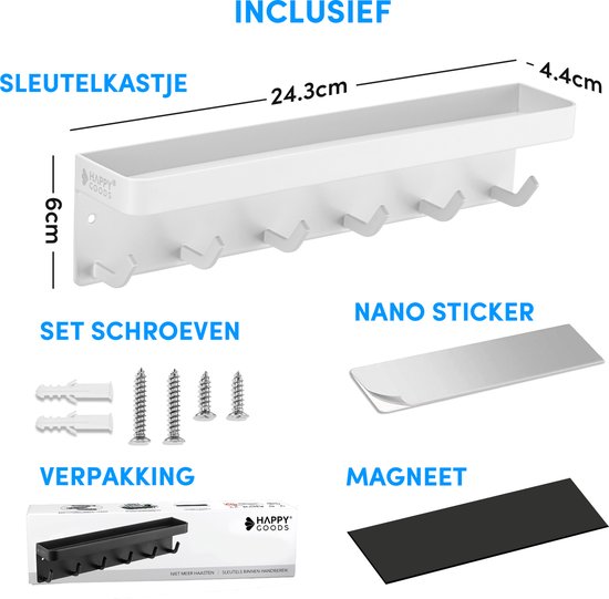 Happy Goods® Porte-clés blanc - Armoire à clés d'intérieur - Autocollant - Porte-clés - Acier inoxydable - Organisateur de clés - Tableau de clés moderne - Porte-clés avec vis - Armoires à clés