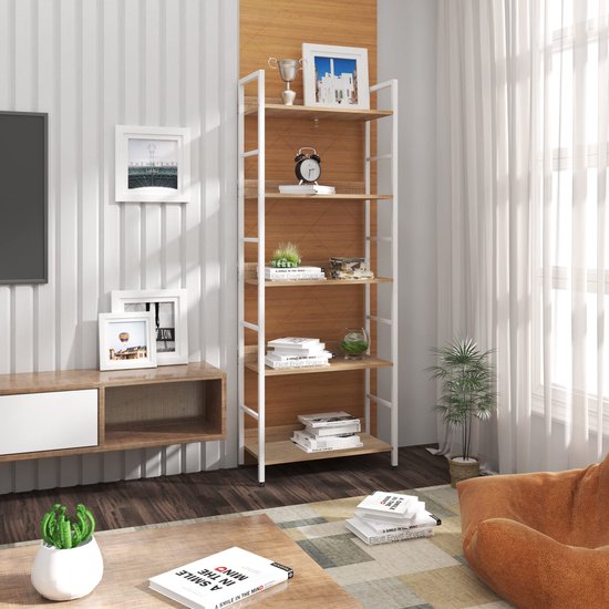 Rootz Standregal Hochregal - Rayonnage - Bibliothèque - Etagère de rangement - Présentoir - Organisateur - Etagère à étages - Blanc + chêne clair - 60x27.5x160 cm