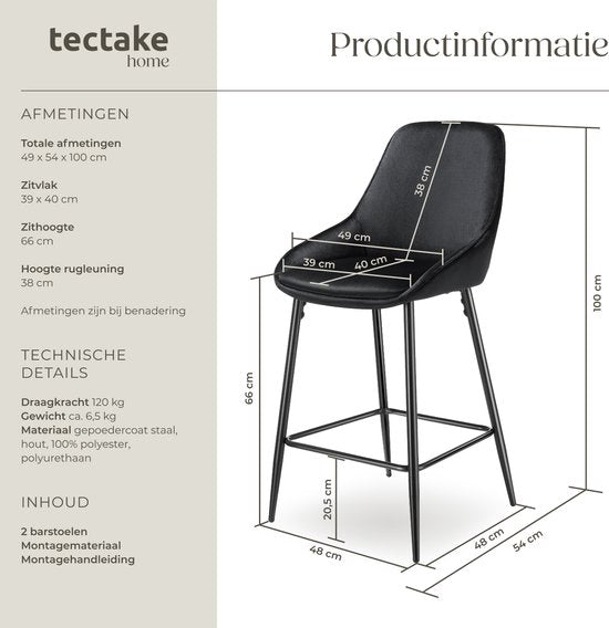 tectake® - Lot de 2 tabourets de bar Siera - Tabouret de bar rembourré avec dossier - Tabouret de bar avec repose-pieds - Chaise de salle à manger avec revêtement en velours et rembourrage en mousse souple - Pieds en acier robuste avec protection antidéra