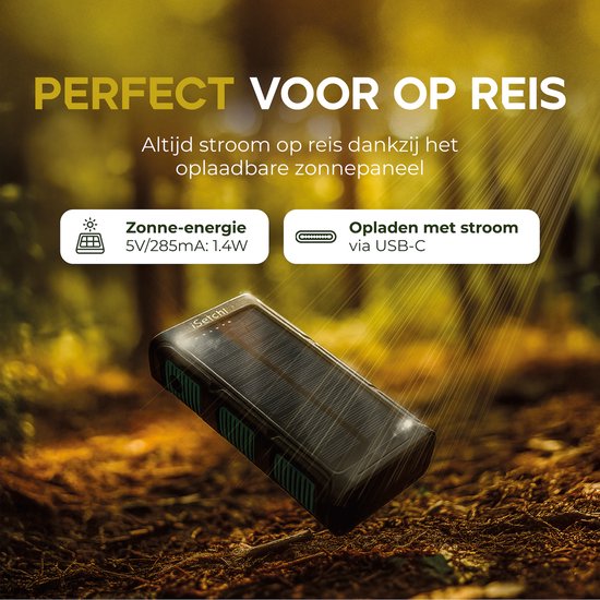 iSetchi Solar Powerbank 42800 mAh - Batterie externe - Pack d'urgence - Alimentation solaire - Chargeur rapide - Avec boussole et câble USB-C - Charge rapide 22,5W - Avec lampe de poche pratique - Vert/Noir