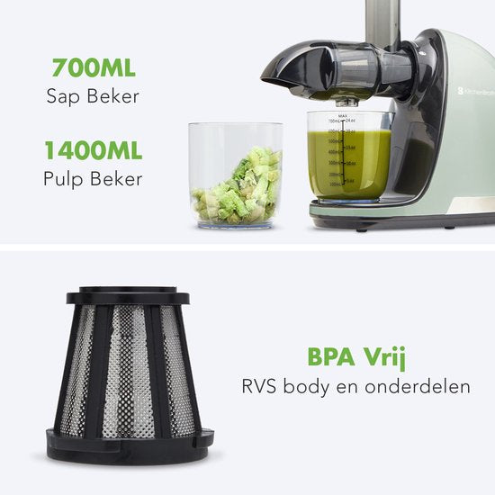 KitchenBrothers Slowjuicer - Presse-agrumes - Presse-légumes et fruits - 700ml - Avec récipient à pulpe - Extracteur de jus - Cadeau de fête des mères - Vert pastel