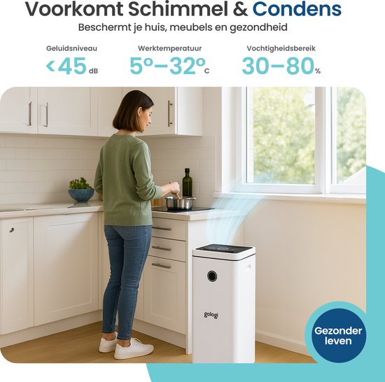 Gologi Déshumidificateur avec application - Déshumidifie jusqu'à 20L par jour - Fonction Lavage-Séchage - Pour la maison - Convient pour la cave, la chambre, la salle de bain et le salon - Déshumidificateur - Dévoreur d'humidité contre la moisissure - Bla