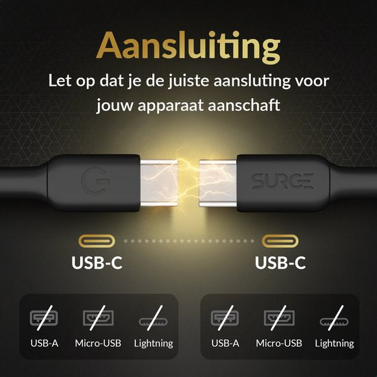 Câble USB C à USB C de Surge - 100W - Câble de charge de 2 mètres - Chargeur rapide avec 15% de Kevlar - Convient à Samsung / MacBook / iPhone 15 et 16 / iPad Pro, entre autres.