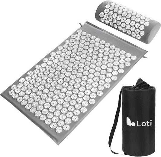 Loti Nail Mat avec Nail Pillow - Gris/Blanc - Tapis d'acupression - Lit d'acupuncture - Coussin d'acupuncture - Massage Shakti - Sac de transport inclus