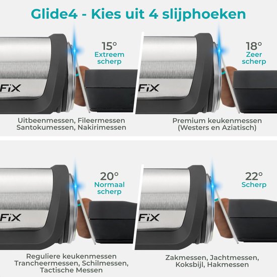 SharpFix Aiguiseur de couteaux à roulettes Glide4 - 4 angles d'aiguisage - Aiguiseur de couteaux antidérapant - Aiguiseur de piercing - Acier tranchant - Noir