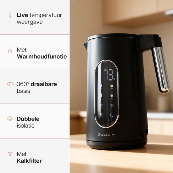 Bouilloire HomeShift® avec contrôle de la température - Fonction maintien au chaud - Double paroi - Électrique - 1,7 litre - 2200W - Noir