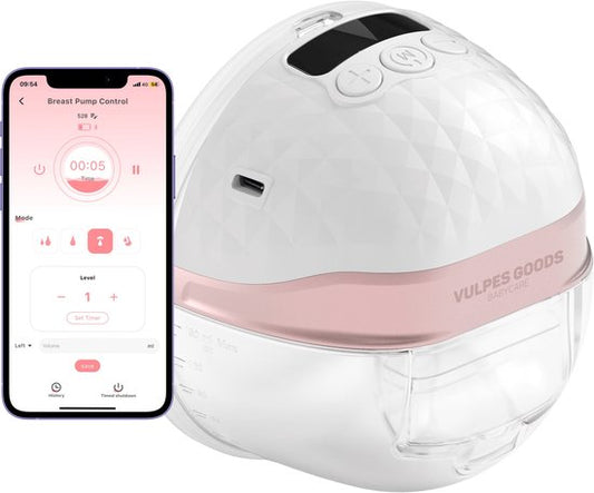 Vulpes Goods® BabyCare - Tire-lait électrique sans fil - mains libres et portable - avec contrôle APP - sans BPA - avec détartreur de granules mammaires, 30 sachets de conservation du lait maternel, sac de voyage et journal du tire-lait - PRO V2
