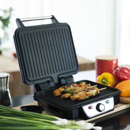 Inventum CG618 - Gril de contact - Gril de table - Surface de gril 28 x 23 cm - Sans PFAS - Revêtement antiadhésif - 1800 watts - acier inoxydable/noir