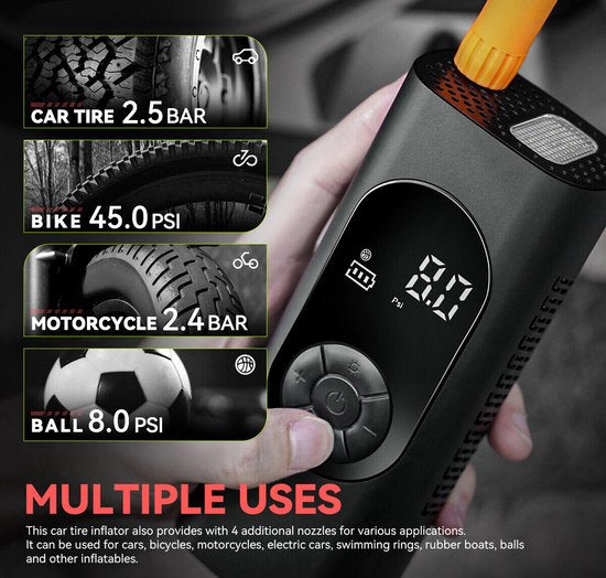 Fuegobird - Pompe électrique 6000 mAh - Pompe à vélo 150 PSI - Pompe à vélo électrique miniature avec LED SOS - Conçue pour les pneus AUTO - Vélos - Vélos électriques - Sports de balle - Inclus 2 tuyaux de gonflage - Noir