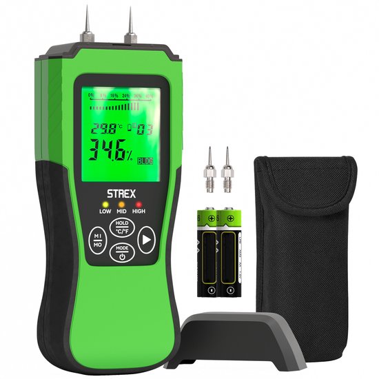 Strex Moisture Meter Digital - Pour le bois et les matériaux de construction (y compris la pierre, le plâtre et le béton) - Affichage LCD - Humidity Meter - Moisture Malls - Incl. Batteries & Storage Case