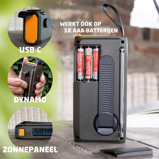 BREND BR-2244 Radio d'urgence avec DAB et FM - Haut-parleur Bluetooth - Alarme SOS - Powerbank - Torche LED - USB-C - Rechargeable avec panneau solaire et manivelle