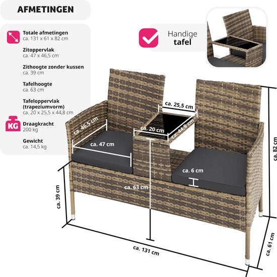 Banc de jardin en osier avec table, Tectake, banc 2 places, 131x61x82 cm, balcon et terrasse, Avec coussin d'assise, naturel/gris foncé, poly-rotin
