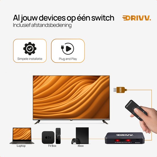 Drivv. Commutateur HDMI 4K 60Hz - 5 entrées 1 sortie - Télécommande incluse - Commutation automatique - Supporte 720p/1080p/4K/3D - Noir