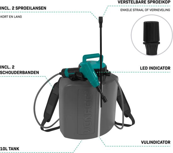 VONROC Accu pulvérisateur à pression 10 litres - Batterie 4V intégrée - 2 lances de pulvérisation, bandoulières et câble de chargement USB-C inclus.