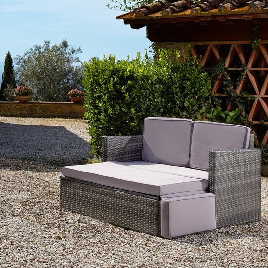 tectake® Canapé de salon en osier - Avec ottoman - Pour 2 personnes - Canapé de salon avec coussins d'assise et de dossier - Résistant aux intempéries - Idéal pour terrasse, jardin d'hiver et balcon - Dimensions canapé (LxLxH) 119 x 64,5 x 71,5 cm - Natur