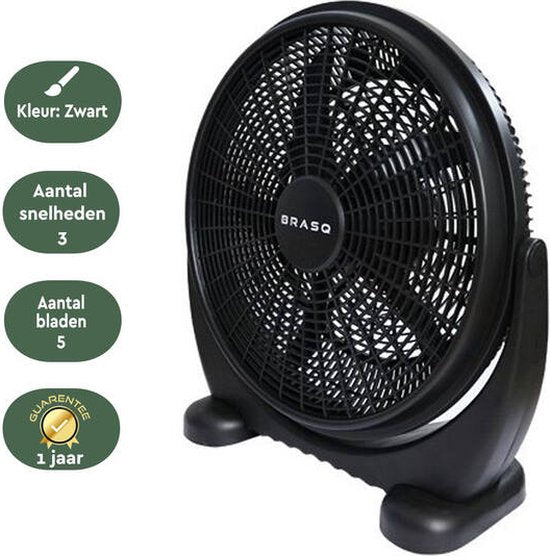 BRASQ Ventilateur de sol - 50 cm - Noir - 3 vitesses - Ventilateur sur pied - Réglable - 90 Watts