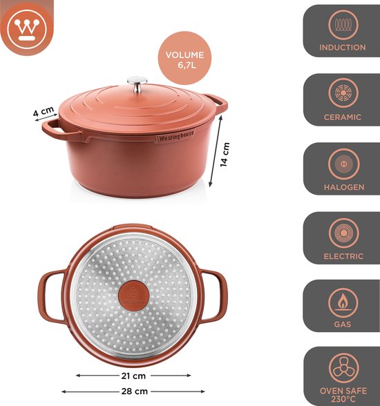 Casserole Westinghouse Performance Series Induction - Casserole 28cm - Rouge - Avec couvercle - Convient à toutes les sources de chaleur, y compris l'induction et le four
