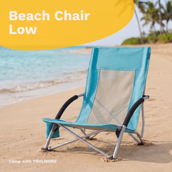 TRVLMORE Chaise de plage - pliable et démontable - capacité de charge de 120 kg - légère - avec sac de transport et porte-gobelet - bleu