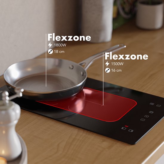 KitchenBrothers Table de cuisson à induction - Table de cuisson à induction encastrable - 30 cm - 2 zones - 1x Flexzone - 1 phase - Jusqu'à 3300W - Noir