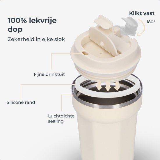 Mug thermos Castagnola - Tasse à café à emporter - Mug de voyage pour le café et le thé - Mug à thé - 380 ML - Acier inoxydable - Blanc cassé - Octogone