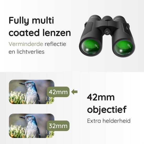 Jumelles Volcan étanches 10x42 - Pour adulte - Remplies de gaz - HD - Avec cache-objectifs, sac de transport et courroie de cou - Noir