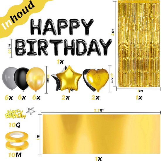 Feestio Ballons Décoration d'anniversaire avec nappe et guirlandes - Hélium - Noir Or