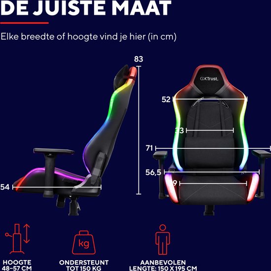 Trust GXT 719 Ruya RGB - Chaise de jeu avec éclairage RGB - Chaise de jeu réglable - Ergonomique - Chaise de bureau - Chaise de jeu - Noir